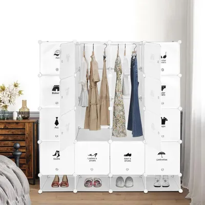 Obrázek produktu pro Modulární šatní skříň – skříň s kostkami – 16 kostek + 4 přihrádky na boty – plastové panely, kovový rám – k vlastní montáži – moderní design – bílá