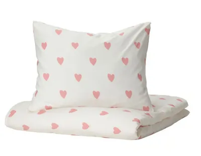 Produktbild von IKEA BARNDRÖM Bettwäsche-Set, 2-teilig, Herzmuster weiß/rosa, 140x200/80x80 cm