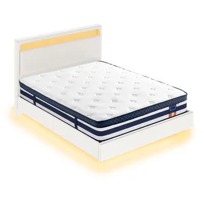 Produktbild von VASAGLE Bettgestell und Matratze Set, Doppelbett 140 x 200 cm mit LED und Kopfteil, 7-Zonen Taschenfederkernmatratze, Weiß/Blau