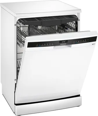 A white Siemens dishwasher with its door open, showing the interior racks.