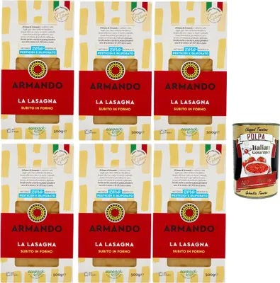 Produktbild von Armando, La Lasagna, Pasta di Semola di Grano Duro di Filiera 100% ItalianoDurumweizen -Grießnudel 100% italienische Lieferkette - Bronze durchbohrt, 6x 500 g + Italian Gourmet polpa 400g