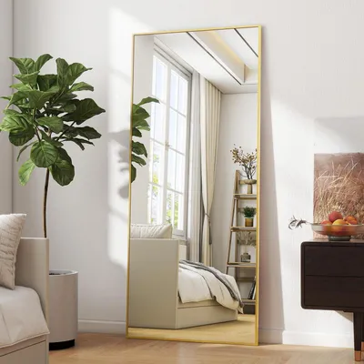 Productafbeelding van Spiegel voor het hele lichaam, staand, 60x165 cm, goudkleurig, breekvaste HD-spiegel, geschikt om aan de muur te hangen of op te zetten