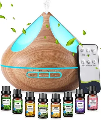 Obrázek produktu pro Sada pro aromaterapii s 8 éterickými oleji – ultrazvukový zvlhčovač vzduchu s LED osvětlením – 2 režimy rozprašování – funkce 4 časovačů – vhodný do velkých místností – 500 ml.