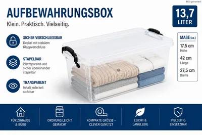 Produktbild von Kunststoff Aufbewahrungsbox mit Deckel und Klappverschluss - 13,7 Liter