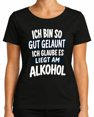 Imagen del producto de Camiseta para mujer, color , talla XL. Frase: "Estoy de tan buen humor, se debe al alcohol. ¡Qué divertido!". (Estilo sarcástico)
