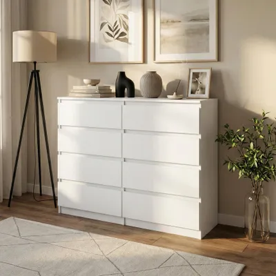 Image de BEAUTYSOFA | Commode LEMON 100 cm blanche, buffet à 8 tiroirs, meuble de rangement moderne pour chambre, salon et couloir