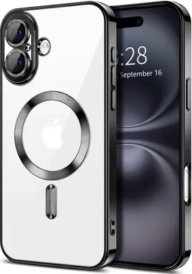 Immagine prodotto di Custodia magnetica trasparente per iPhone 16 Plus, compatibile con MagSafe, custodia protettiva galvanica con protezione della fotocamera Nero
