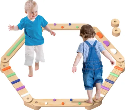 Produktbild von AIYAPLAY Balancierbalken Kinder, Holz Schwebebalken mit Bunte Hindernissteine, Montessori Spielzeug für Koordination und Stabilität, für 3-8 Jahre Kinder