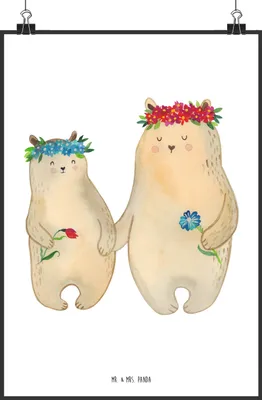 Produktbild von Mr. & Mrs. Panda Plakat Bären mit Blumenkranz DIN A2 - Weiß - Geschenk, Tochter, drucke, Kunstdruck, Kinder, Mutter, wanddeko, Family, Bild, Mama, Wandbild, Muttertag