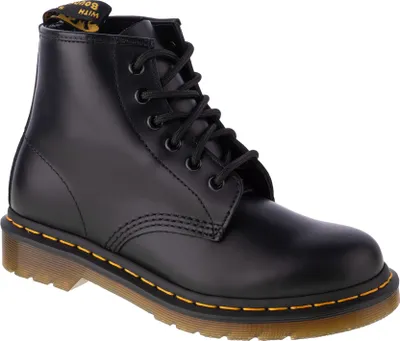 A black leather boot with black laces and yellow stitching on the sole.