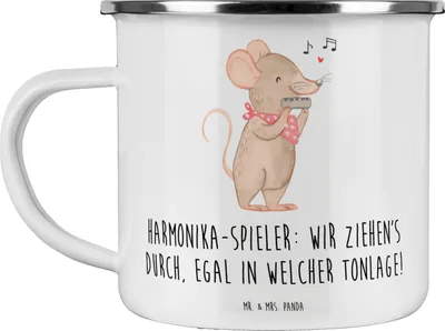 Produktbild von Mr. & Mrs. Panda Emaille Tasse Harmonika Spieler - Weiß - Geschenk, Musikinstrument, Instrument, Kaffeepott, Teetasse, Handzuginstrument, Musik, Musiker, Lernen, Pott