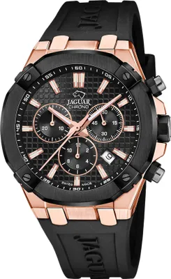 A close-up studio shot of a men's chronograph watch.