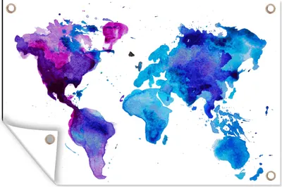 Produktbild von MuchoWow® 60x40 cm Outdoor-Poster Gartendeko Sichtschutz Garten Poster für den Garten  Weltkarte - Aquarell - Lila - Kinder - Jungen - Mädchen