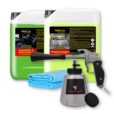 Produktbild von ABACUS® Tornador Set, Tornador Black Z-020RS Reinigungspistole + Polster- & Textilreiniger 5L + Kunststoff- & Lederreiniger 5L + 2 Mikrofasertücher