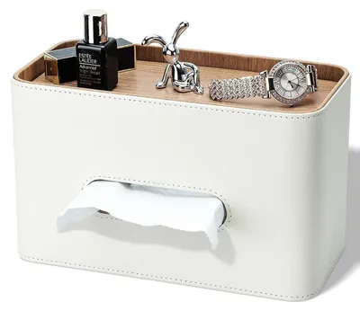 Immagine prodotto di Contenitore per fazzoletti cosmetici con vano portaoggetti, in ecopelle, color crema, dimensioni 25,7 x 15,5 x 12,6 cm