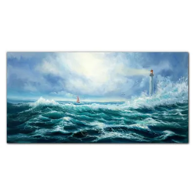 Produktbild von Coloray - Bild aus Glas - 120x60 cm - glasblock mit bild gehärtetes Glas wohnzimmer Küche Dekoration wanddekoration - Sturmwellen Leuchtturm