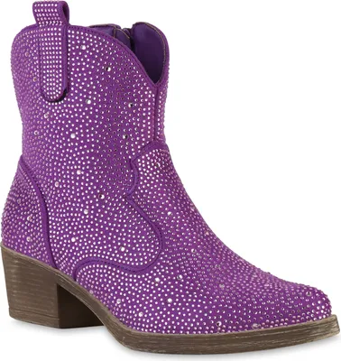 Produktbild von VAN HILL Damen Cowboy Boots Stiefeletten Spitze Strass Western Schuhe 840903, Farbe: Lila, Größe: 38