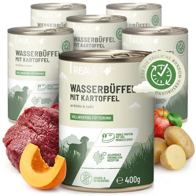 Produktbild von REAVET Hundenassfutter – Wasserbüffel mit Kartoffeln an Kürbis & Apfel 6 x 400g | mit hohem Fleischanteil & viel Muskelfleisch, Getreidefrei, ohne Zucker