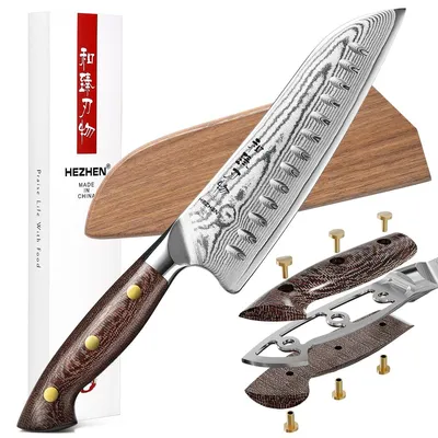 Santoku-Messer, Damaststahl, 18,6 cm Klinge, Micarta-Griff