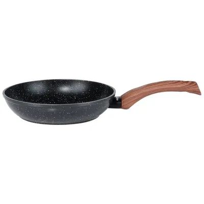 A frying pan with a wooden handle on a white background.