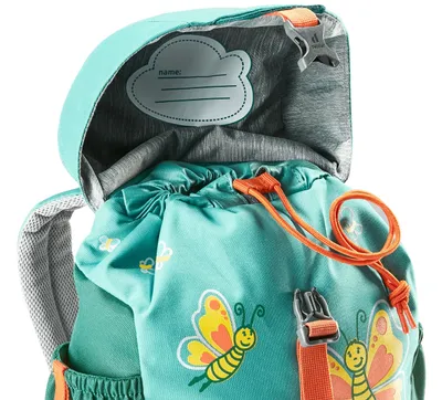 Close-up view of the top opening of a child's backpack with butterfly designs.