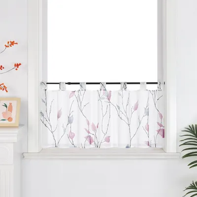 Produktbild von Joyswahl Scheibengardine mit Schlaufen Bistrogardine mit Zweigen und Blättern Muster Voile kleine Kurzstores landhausstil für Küche 1 Stück, Lila H30xB90cm