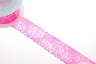 Produktbild von Dekoband mit Ornamenten und Drahtkante Pink - Weiß - Transparent - 40mm - 20m - 6226-40-843