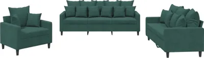 A set of three dark green velvet furniture pieces: a single armchair, a three-seater sofa, and a two-seater sofa, all with multiple throw pillows.