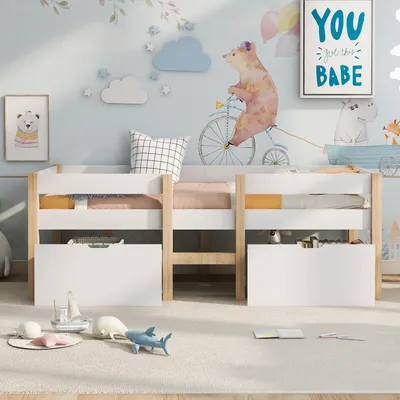 Produktbild von Flieks Kinderbett mit Rausfallschutz und Lattenrost, Kiefernholzbett Hochbett 90x190 cm mit 2 Schubladen, Weiß