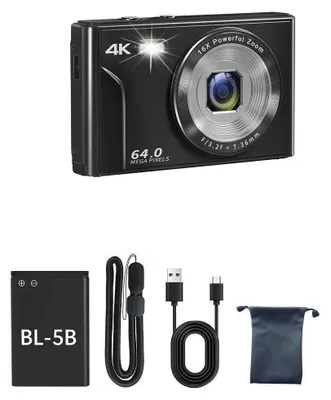 Produktbild von 4K Kompaktkamera 64MP Autofokus Digitalkamera, 16X Digitalzoom, Tragbare Mini-Fotokamera mit 1200mAh Akku & USB-Ladekabel