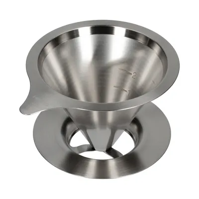 A stainless steel coffee dripper on a white background.