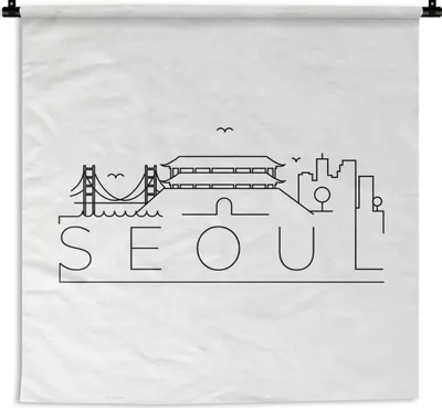 Produktbild von MuchoWow® Wandteppich Wandbehang Skyline "Seoul" schwarz auf weiß 150x150 cm Tapisserie Dekoration Wandtuch - Wohnaccessoires - Modernes