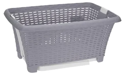 A grey laundry basket with white legs and a white base.