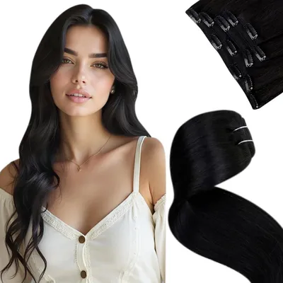 Immagine prodotto di Clip-in per extension, capelli veri, neri, Remy, doppie ciocche, lisci, confezione da 5 pezzi, lunghezza 30 cm, peso 80g