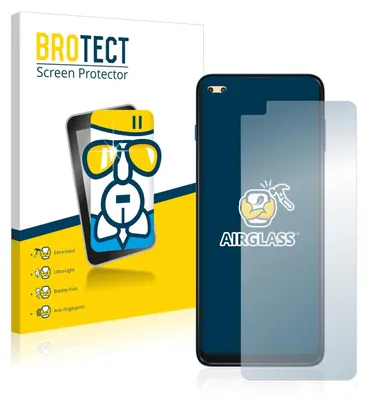 A product shot of a screen protector packaging and the screen protector itself, with a smartphone shown in the packaging.