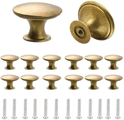 Obrázek produktu pro Starožitní mosazné knoflíky, 12 kusů - Vintage, kulaté dveřní knoflíky, průměr 30 mm - Knoflíky do zásuvek s odpovídajícími šrouby - Starý mosaz - 12 kusů - Vintage - 30 mm - Knoflíky do zásuvek