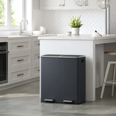 Produktbild von SONGMICS Mülleimer 60L mit Müllbeutel mit 2 Fächern 2 x 30 L aus Metall  Treteimer Abfalleimer Inneneimer aus Kunststoff Softclose luftdicht grau LTB60GS