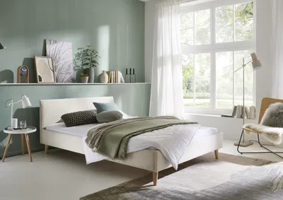 Produktbild von Meise Möbel Kinderbett Wicki 140x200 cm | Bettgestell | Kopfteil glatt | Cordstoff Beige | Holzfuß eichefarbig