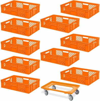Produktbild von 10 Euroboxen, 600x400x150 mm, lebensmittelecht, orange + Transportroller