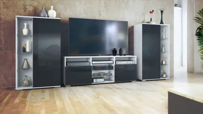 Produktbild von Vladon Wohnwand Davos, Anbauwand bestehend aus 2 Vitrinen und 1 TV-Board, Weiß matt/Schwarz Hochglanz (329 x 134 x 35 cm)