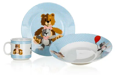 Produktbild von Kindergeschirr-Set, Keramik, 2 Teller und eine Tasse Bear Teddybären Blau