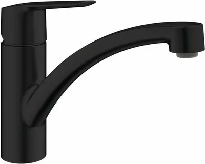 A black kitchen faucet is shown against a white background.