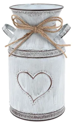 Produktbild von Vintage Blumenvase Herz aus Metall, Blumentopf im französischen Stil, Landhaus Vase, Shabby Chic Deko, rustikaler Krug aus Eisen, Eimer für Garten, Balkon, Schreibtisch, Büro und Wohnzimmer Tischdeko