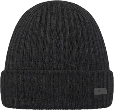 A black ribbed beanie hat with a small dark gray label on the front.