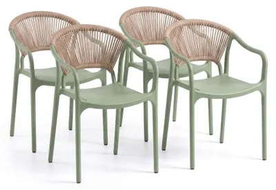 Produktbild von 4er-Set stapelbare Stühle aus Polypropylen mit Rückenlehne aus geflochtenem Seil und Armlehnen, für Garten, Terrasse, Bars und Restaurants – Jennifer Salbeigrün
