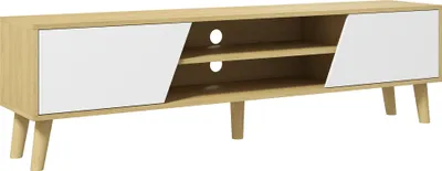 Image de HOMCOM Meuble TV banc TV pour télévision jusqu'à 65 pouces design scandinave 2 portes 2 niches avec passe-câbles - aspect bois et blanc 150 x 30 x 42 cm