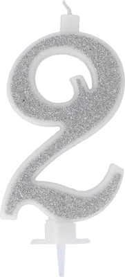 Immagine prodotto di Candela a forma di numero, glitter argento, numero 2