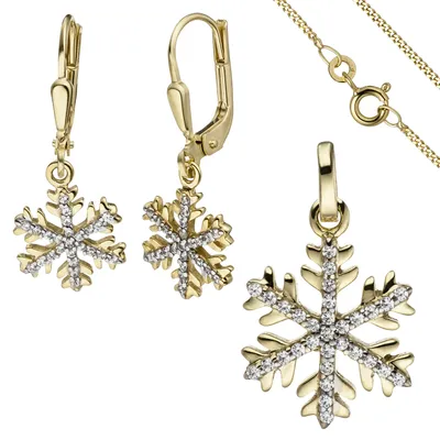 Produktbild von JOBO Schmuck-Set Schneeflocke 333 Gold Gelbgold mit Zirkonia Ohrringe und Kette 42 cm