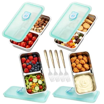 Imagen del producto de Omgoods - Juego de 4 recipientes para snacks de acero inoxidable con compartimentos, ideales para picnics