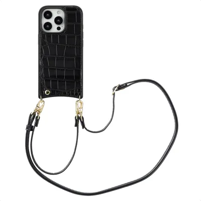 Produktbild von Selencia Nova Croco HandyHülle mit Kordel und Kartenhalter iPhone 16 Pro - Schwarz
